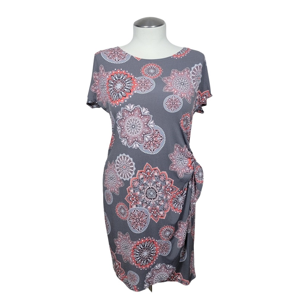Robbie Bee Mandala Dress L Sheath Side Knot Boho Office Workwear Geometric Print